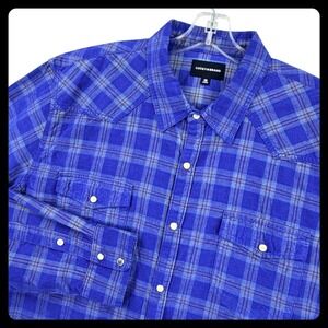 Lucky Brand Corduroy Western Shirt Men XXL Blue Plaid Long Sleeve Pearl Snap